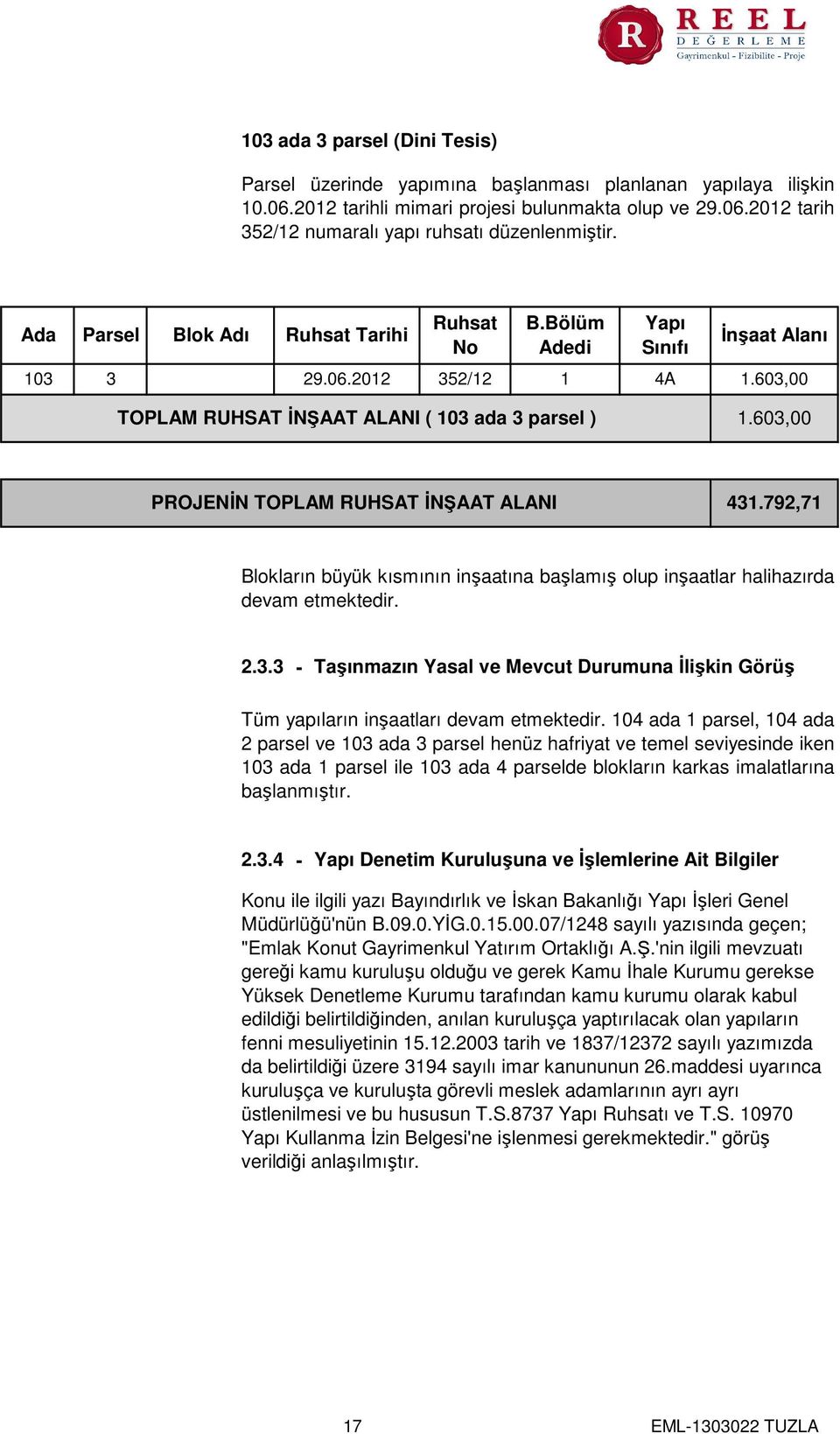 603,00 PROJENİN TOPLAM RUHSAT İNŞAAT ALANI 431.792,71 Blokların büyük kısmının inşaatına başlamış olup inşaatlar halihazırda devam etmektedir. 2.3.3 - Taşınmazın Yasal ve Mevcut Durumuna İlişkin Görüş Tüm yapıların inşaatları devam etmektedir.