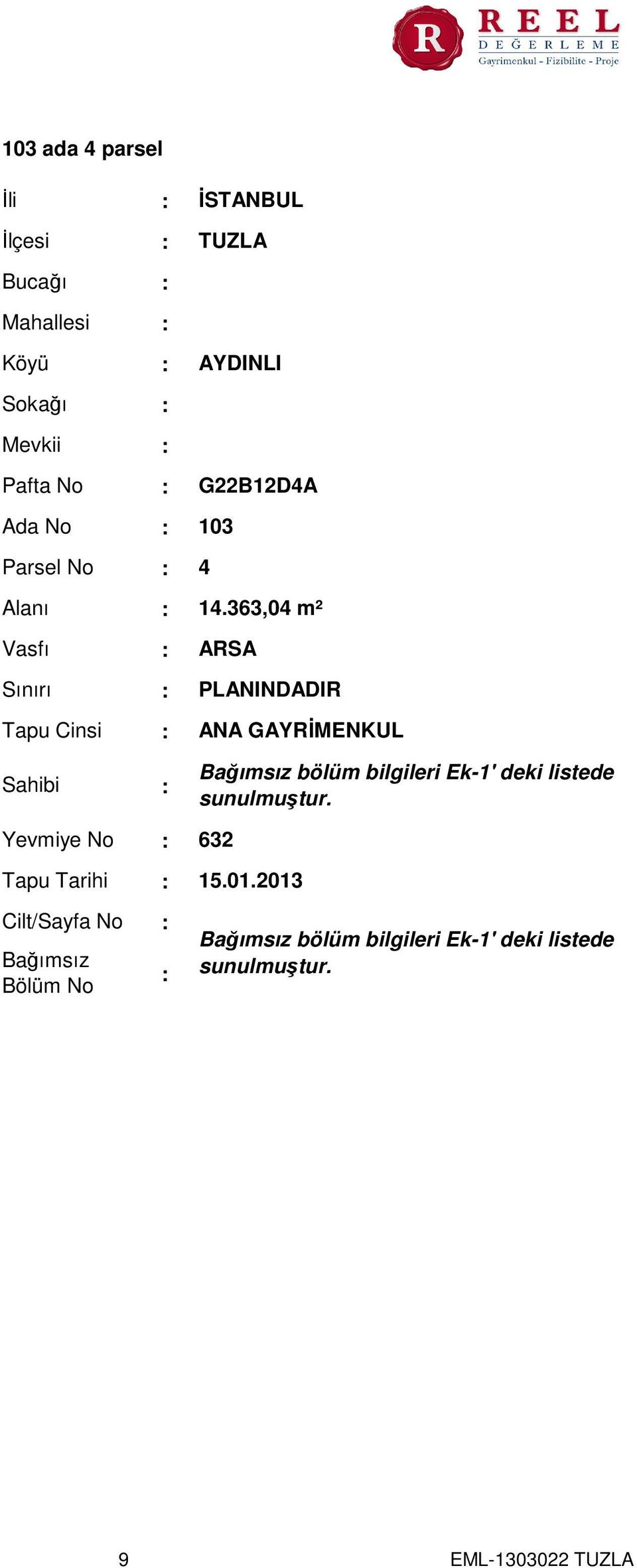 363,04 m² ARSA PLANINDADIR ANA GAYRİMENKUL Sahibi Bağımsız bölüm bilgileri Ek-1' deki listede