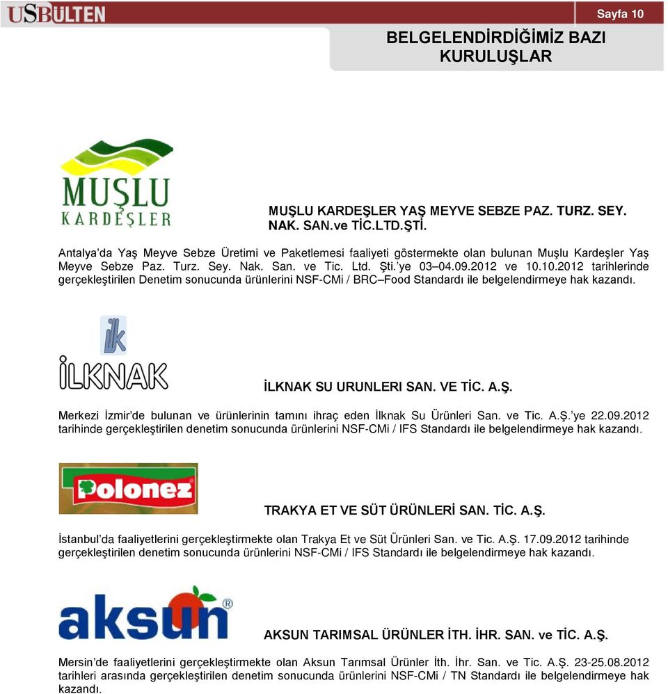 10.2012 tarihlerinde gerçekleştirilen Denetim sonucunda ürünlerini NSF-CMi / BRC Food Standardı ile belgelendirmeye hak kazandı. İLKNAK SU URUNLERI SAN. VE TİC. A.Ş.