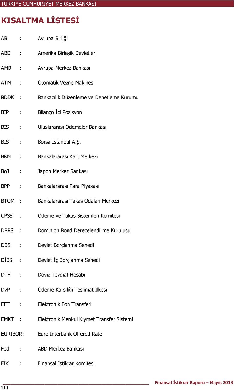 Bankalararası Kart Merkezi BoJ : Japon Merkez Bankası BPP : BTOM : CPSS : DBRS : DBS : DİBS : DTH : DvP : EFT : EMKT : EURIBOR: Bankalararası Para Piyasası Bankalararası Takas Odaları Merkezi Ödeme