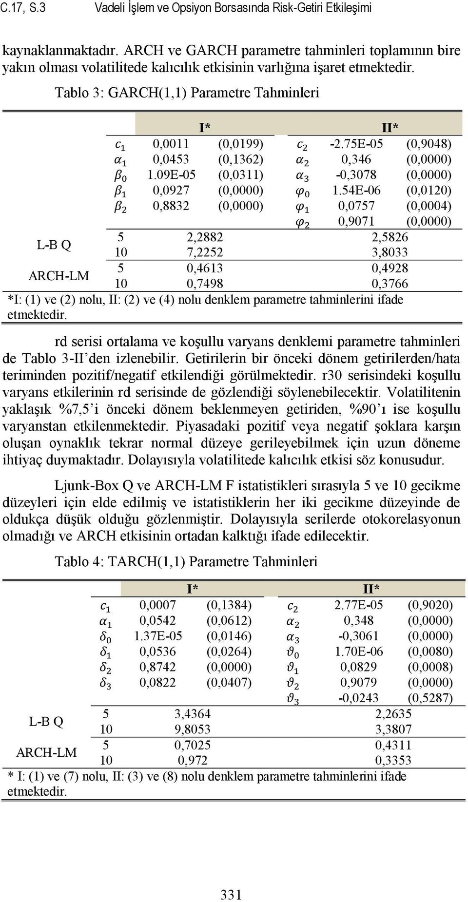 L-B Q Tablo 3: GARCH(1,1) Parametre Tahminleri ARCH-LM I* II* 0,0011 (0,0199) -2.75E-05 (0,9048) 0,0453 (0,1362) 0,346 (0,0000) 1.09E-05 (0,0311) -0,3078 (0,0000) 0,0927 (0,0000) 1.