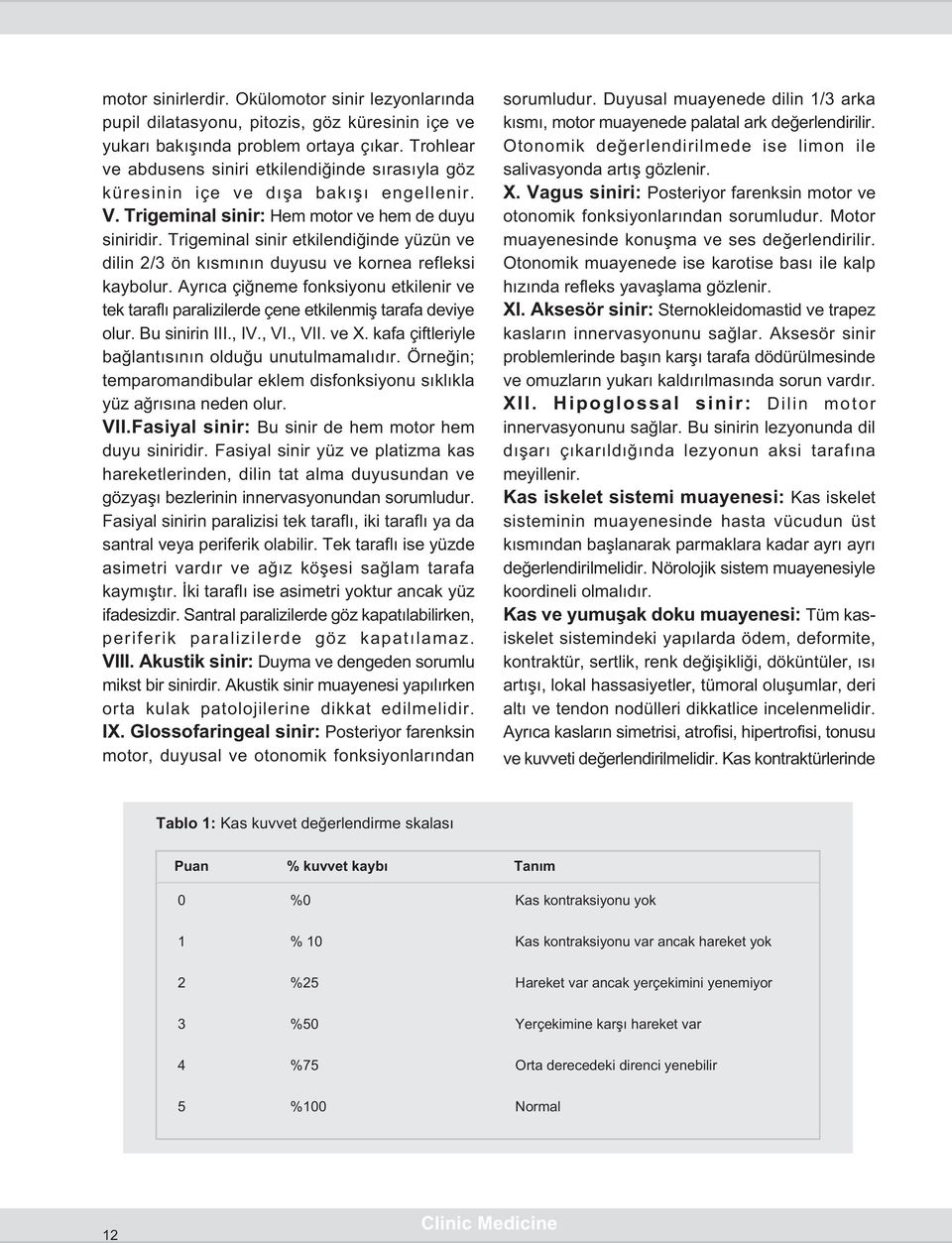 Trigeminal sinir etkilendiðinde yüzün ve dilin 2/3 ön kýsmýnýn duyusu ve kornea refleksi kaybolur. Ayrýca çiðneme fonksiyonu etkilenir ve tek taraflý paralizilerde çene etkilenmiþ tarafa deviye olur.