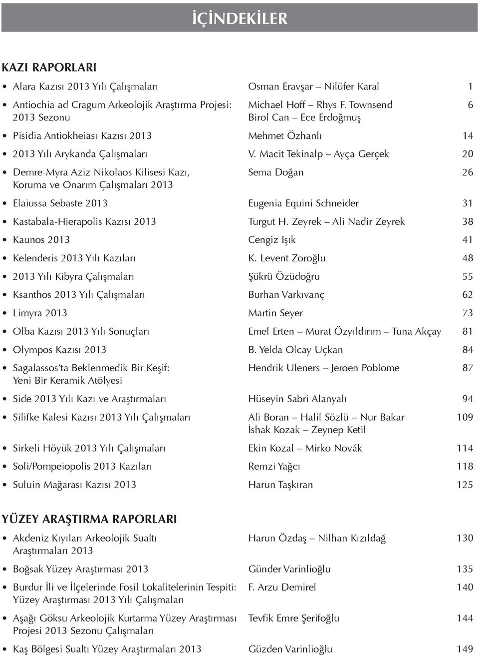 Macit Tekinalp Ayça Gerçek 20 Demre-Myra Aziz Nikolaos Kilisesi Kazı, Sema Doğan 26 Koruma ve Onarım Çalışmaları 2013 Elaiussa Sebaste 2013 Eugenia Equini Schneider 31 Kastabala-Hierapolis Kazısı