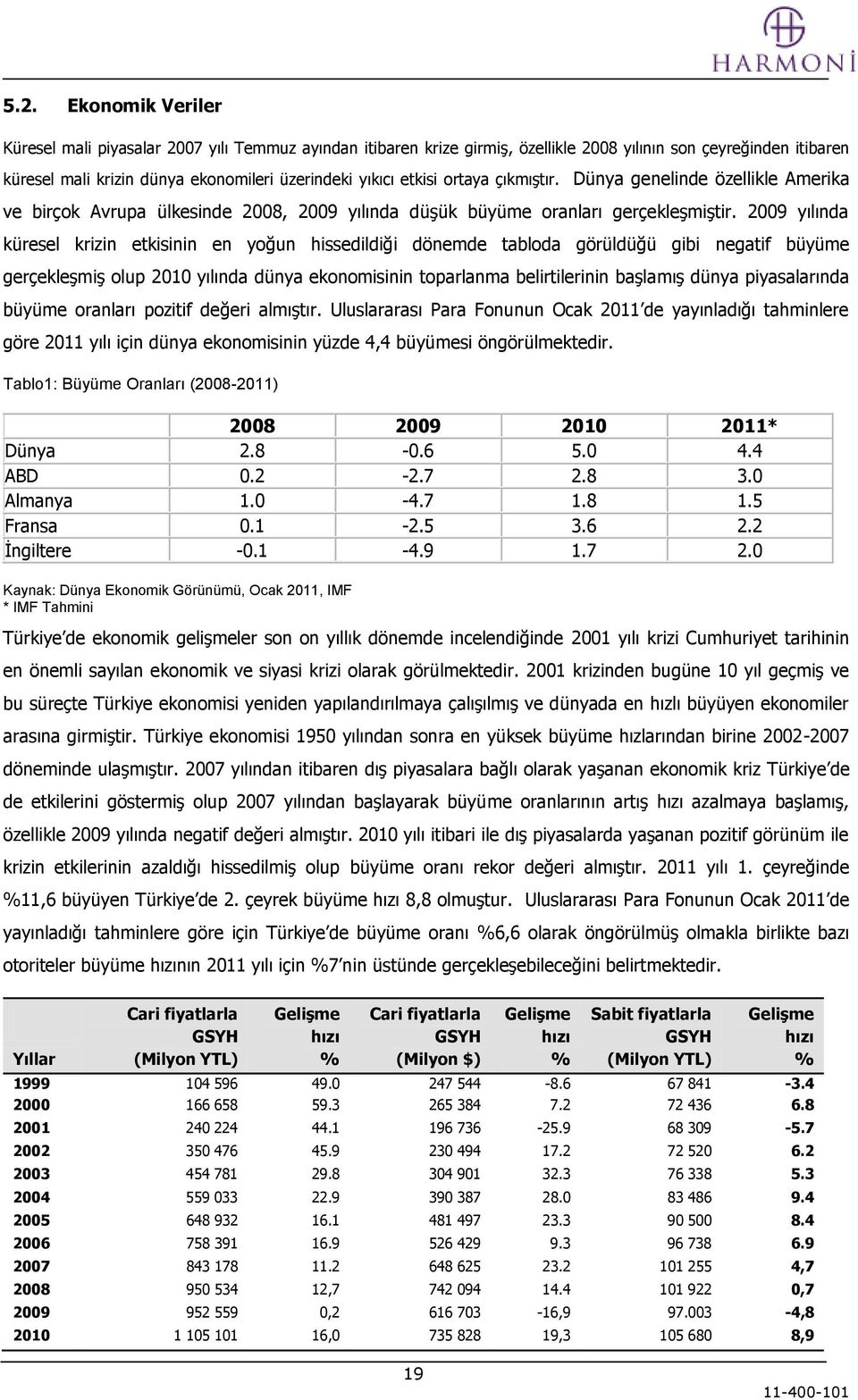 2009 yılında küresel krizin etkisinin en yoğun hissedildiği dönemde tabloda görüldüğü gibi negatif büyüme gerçekleģmiģ olup 2010 yılında dünya ekonomisinin toparlanma belirtilerinin baģlamıģ dünya