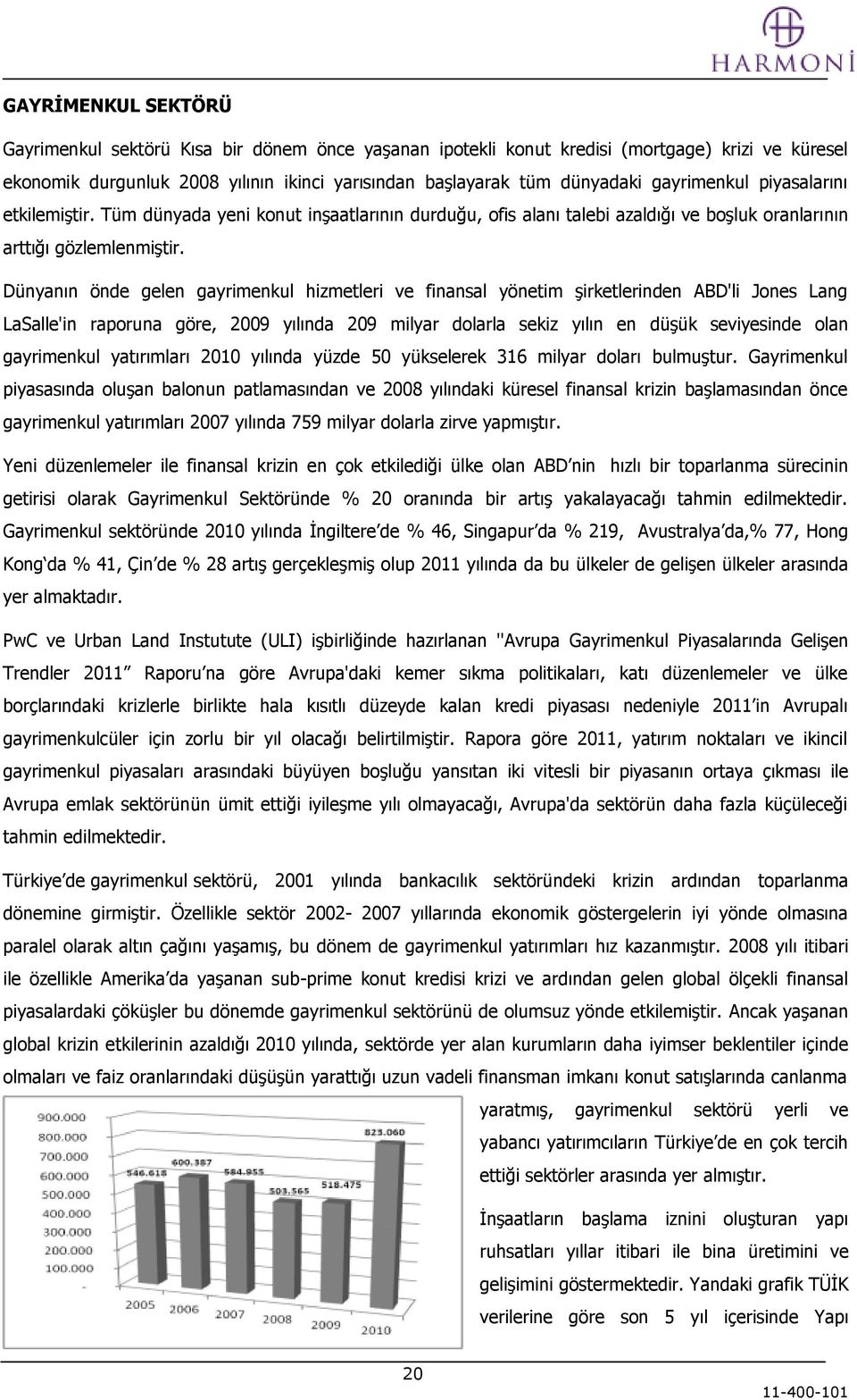 Dünyanın önde gelen gayrimenkul hizmetleri ve finansal yönetim Ģirketlerinden ABD'li Jones Lang LaSalle'in raporuna göre, 2009 yılında 209 milyar dolarla sekiz yılın en düģük seviyesinde olan