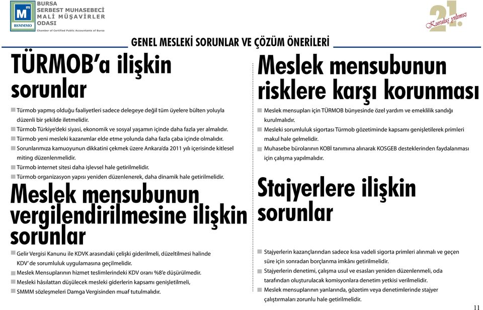 Sorunlarımıza kamuoyunun dikkatini çekmek üzere Ankara da 2011 yılı içerisinde kitlesel miting düzenlenmelidir. Türmob internet sitesi daha işlevsel hale getirilmelidir.