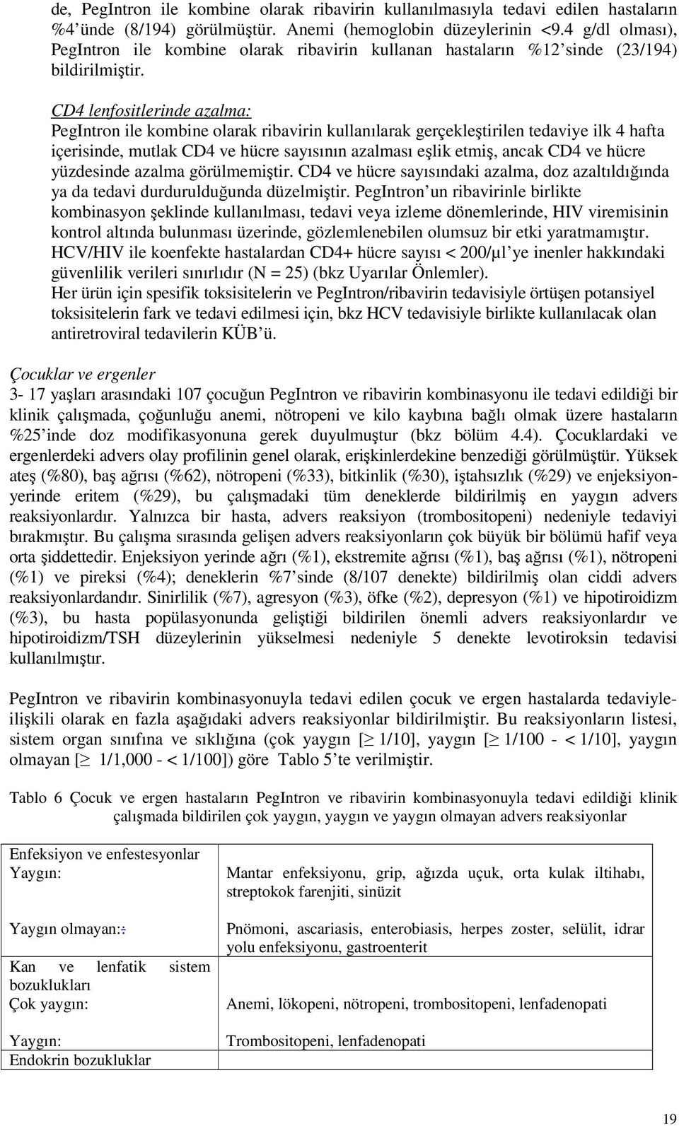 CD4 lenfositlerinde azalma: PegIntron ile kombine olarak ribavirin kullanılarak gerçekleştirilen tedaviye ilk 4 hafta içerisinde, mutlak CD4 ve hücre sayısının azalması eşlik etmiş, ancak CD4 ve