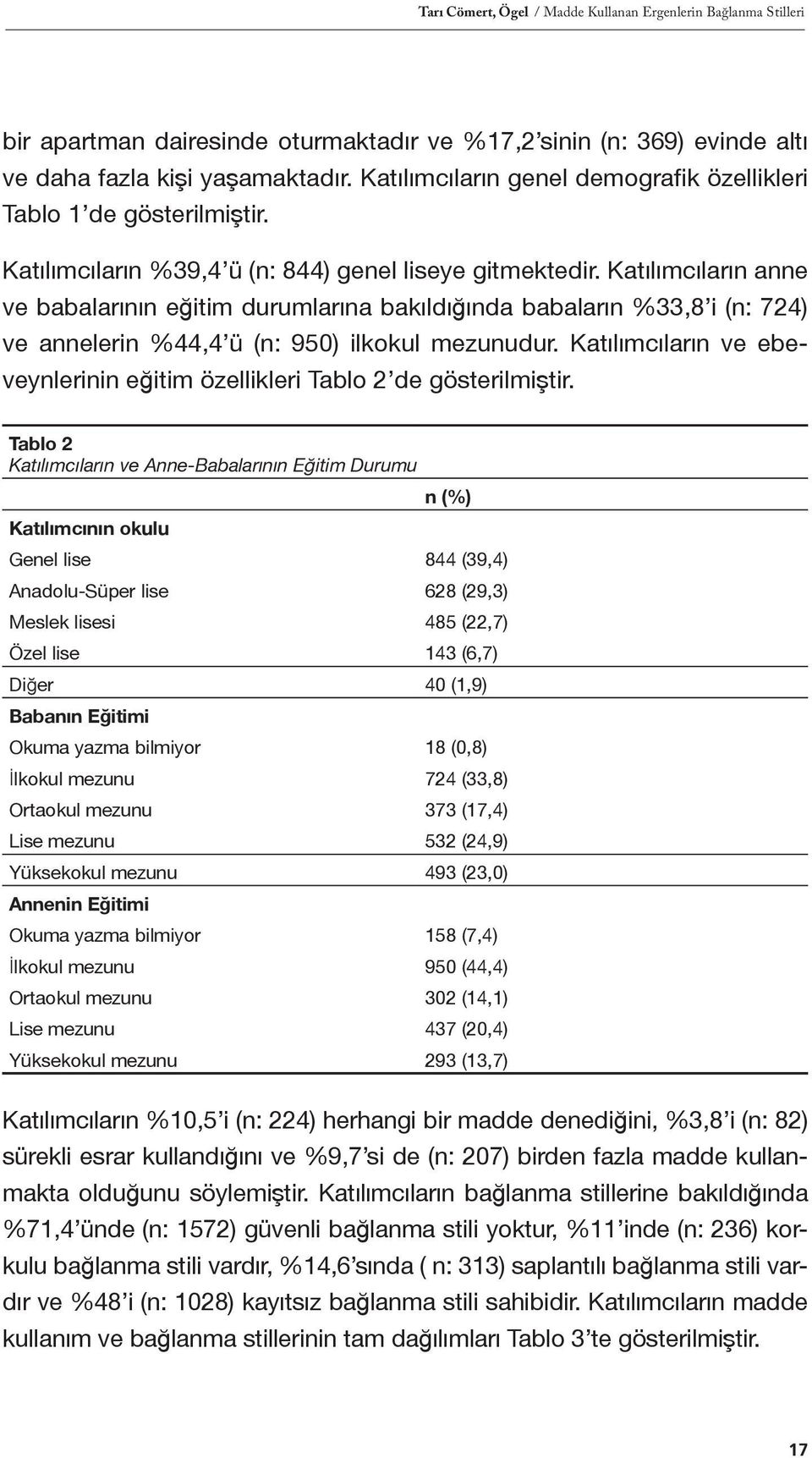 Katılımcıların anne ve babalarının eğitim durumlarına bakıldığında babaların %33,8 i (n: 724) ve annelerin %44,4 ü (n: 950) ilkokul mezunudur.