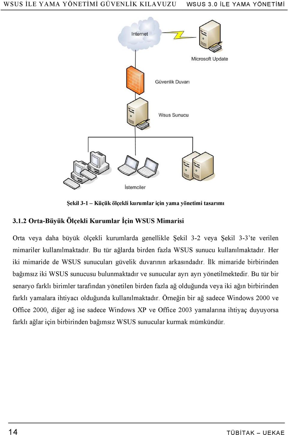 2 Orta-Büyük Ölçekli Kurumlar İçin WSUS Mimarisi Orta veya daha büyük ölçekli kurumlarda genellikle Şekil 3-2 veya Şekil 3-3 te verilen mimariler kullanılmaktadır.