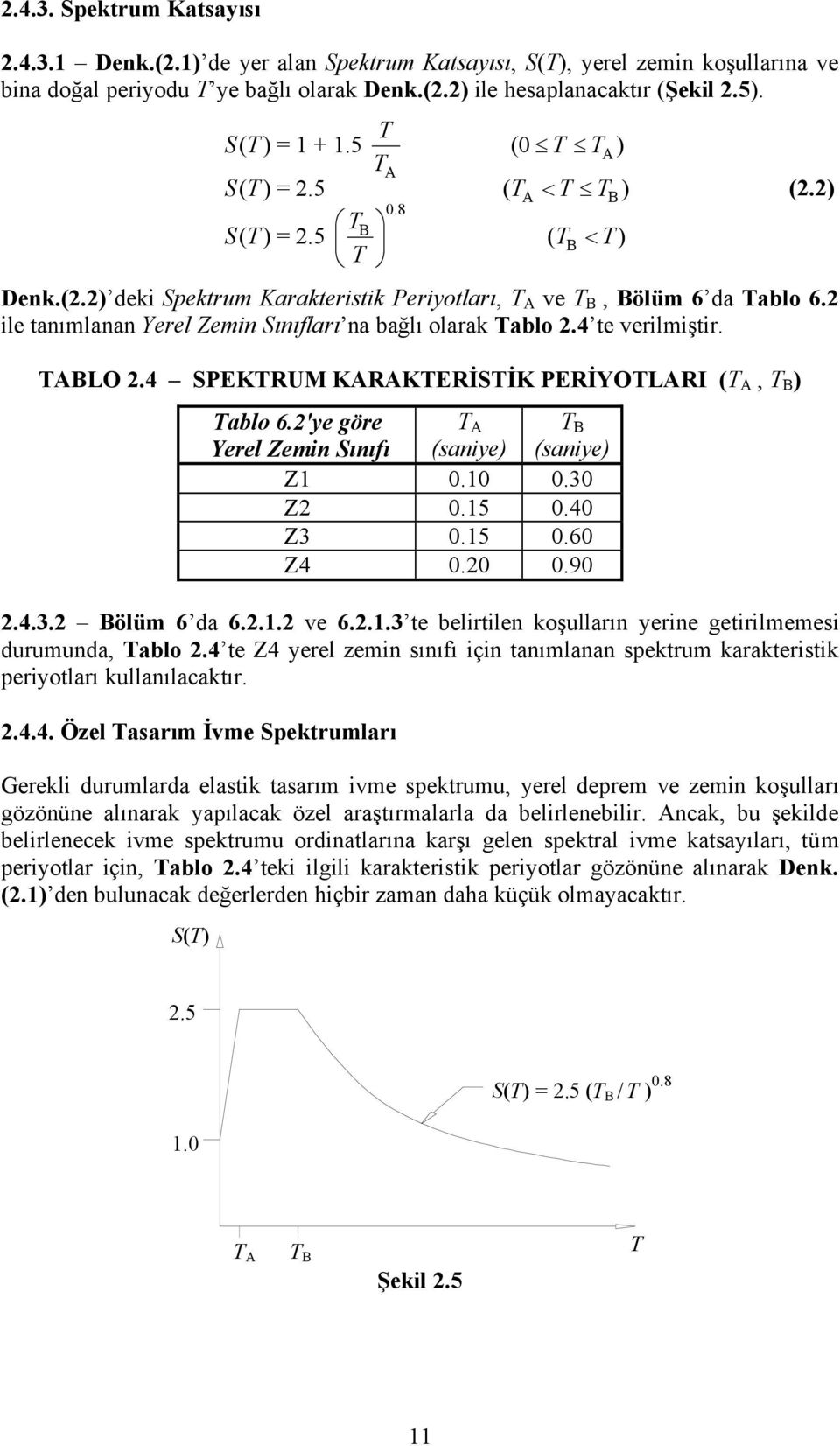 2 ile tanımlanan Yerel Zemin Sınıfları na bağlı olarak Tablo 2.4 te verilmiştir. TABLO 2.4 SPEKTRUM KARAKTERİSTİK PERİYOTLARI (T A, T B ) Tablo 6.