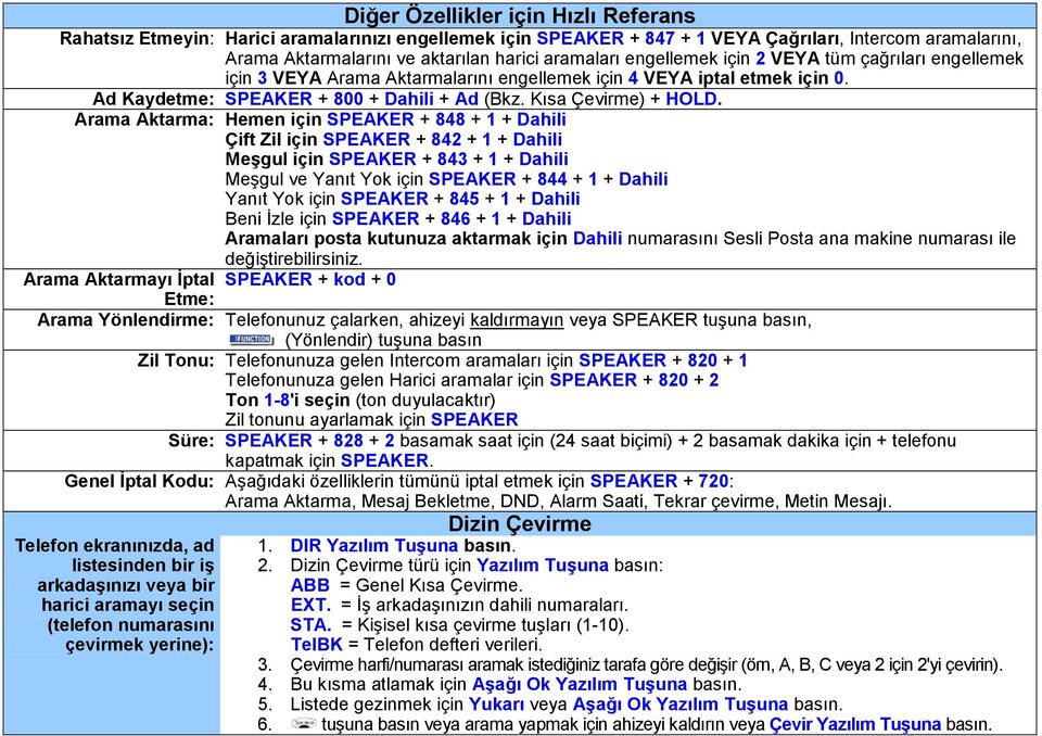 Arama Aktarma: Hemen için SPEAKER + 848 + 1 + Dahili Çift Zil için SPEAKER + 842 + 1 + Dahili Meşgul için SPEAKER + 843 + 1 + Dahili Meşgul ve Yanıt Yok için SPEAKER + 844 + 1 + Dahili Yanıt Yok için