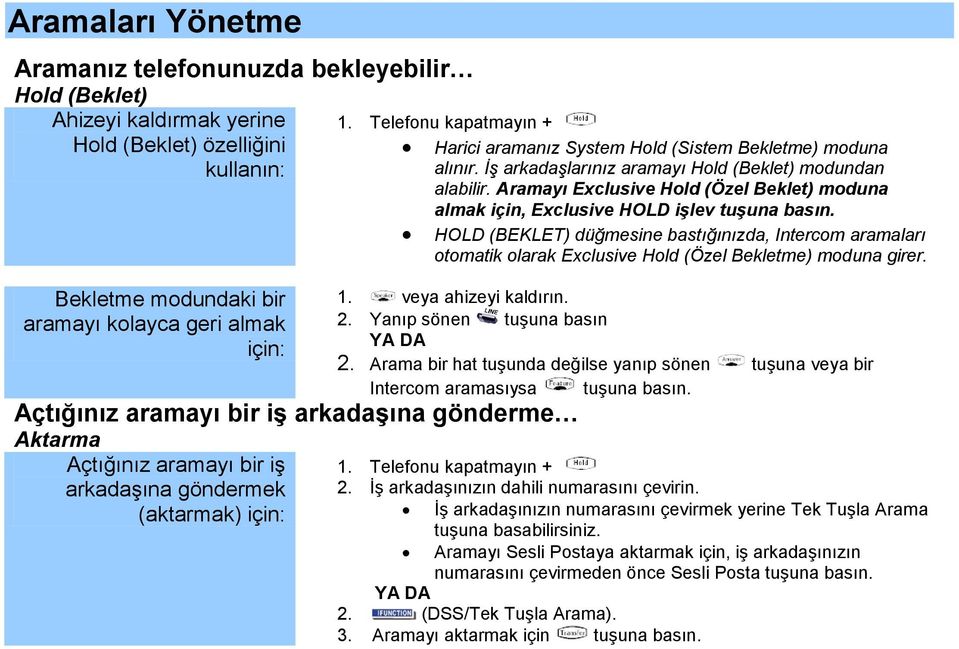 Aramayı Exclusive Hold (Özel Beklet) moduna almak için, Exclusive HOLD işlev tuşuna basın.