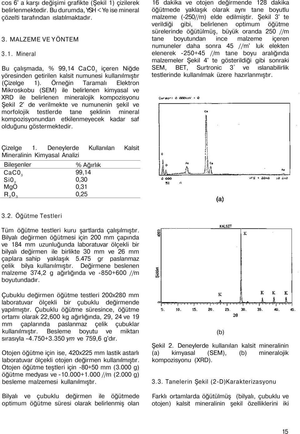 mineral kompozisyonundan etkilenmeyecek kadar saf olduğunu göstermektedir. 16 dakika ve otojen değirmende 128 dakika öğütmede yaklaşık olarak aynı tane boyutlu malzeme (-250//m) elde edilmiştir.