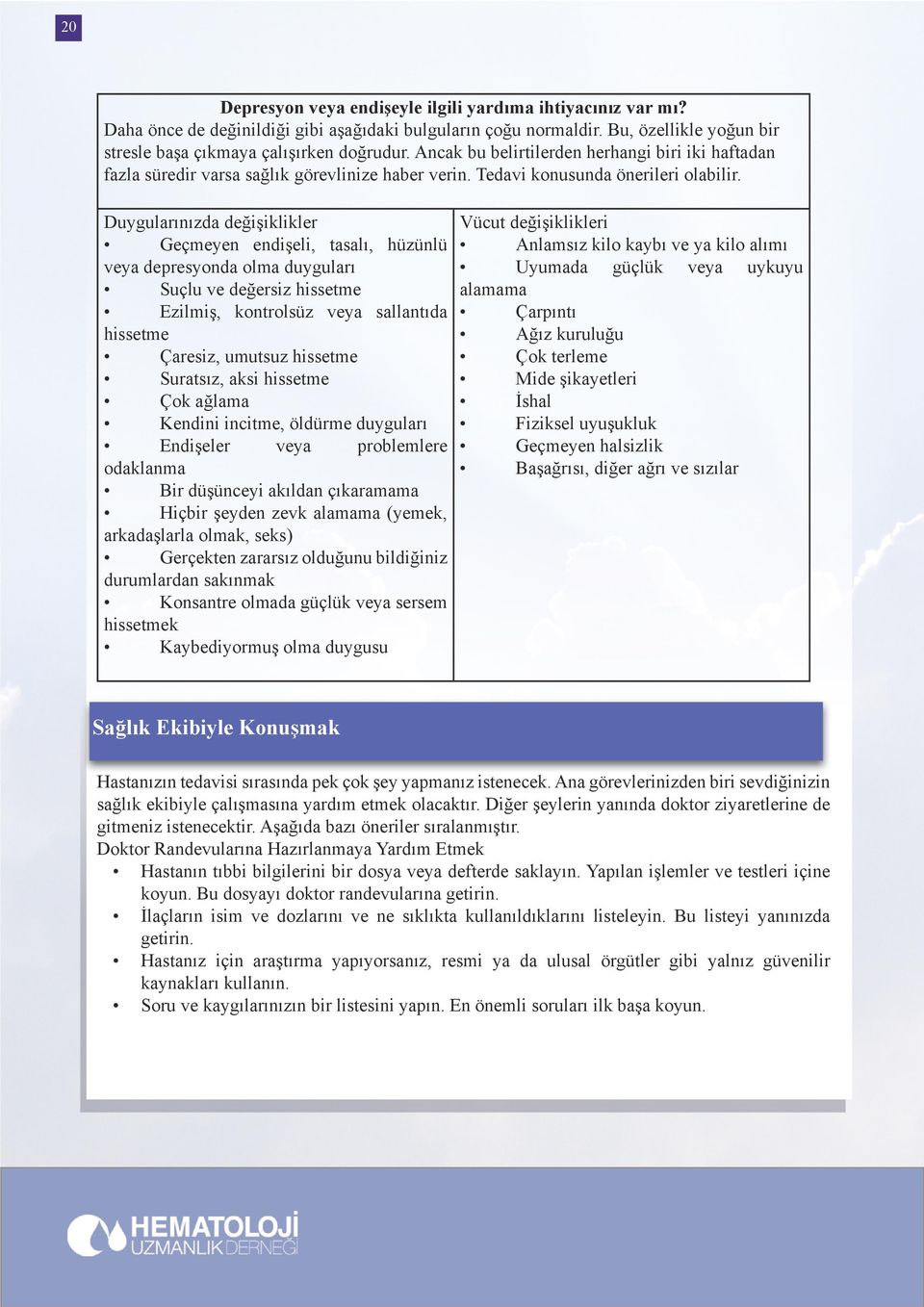 Duygularınızda değişiklikler Geçmeyen endişeli, tasalı, hüzünlü veya depresyonda olma duyguları Suçlu ve değersiz hissetme Ezilmiş, kontrolsüz veya sallantıda hissetme Çaresiz, umutsuz hissetme