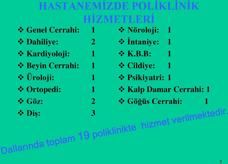 B: 1 Beyin Cerrahi: 1 Cildiye: 1 Üroloji: 1 Psikiyatri: 1