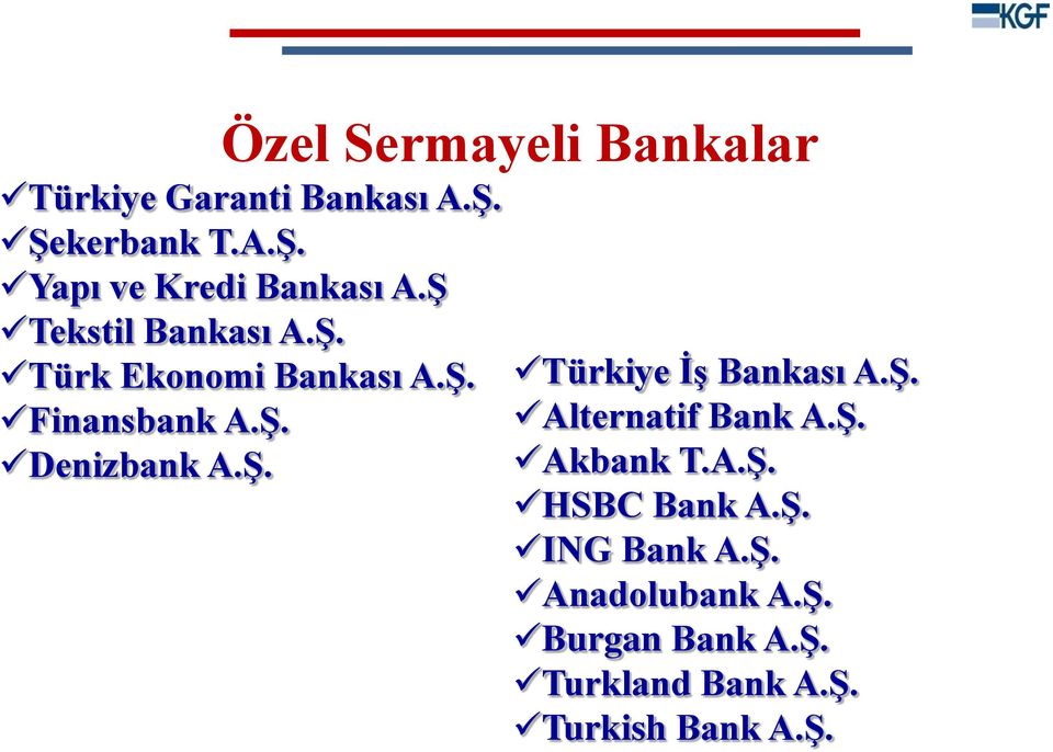 Ş. Alternatif Bank A.Ş. Akbank T.A.Ş. HSBC Bank A.Ş. ING Bank A.Ş. Anadolubank A.Ş. Burgan Bank A.
