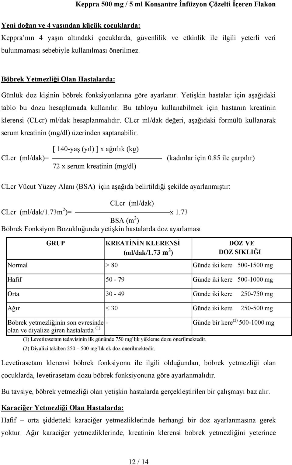 Bu tabloyu kullanabilmek için hastanın kreatinin klerensi (CLcr) ml/dak hesaplanmalıdır. CLcr ml/dak değeri, aşağıdaki formülü kullanarak serum kreatinin (mg/dl) üzerinden saptanabilir.