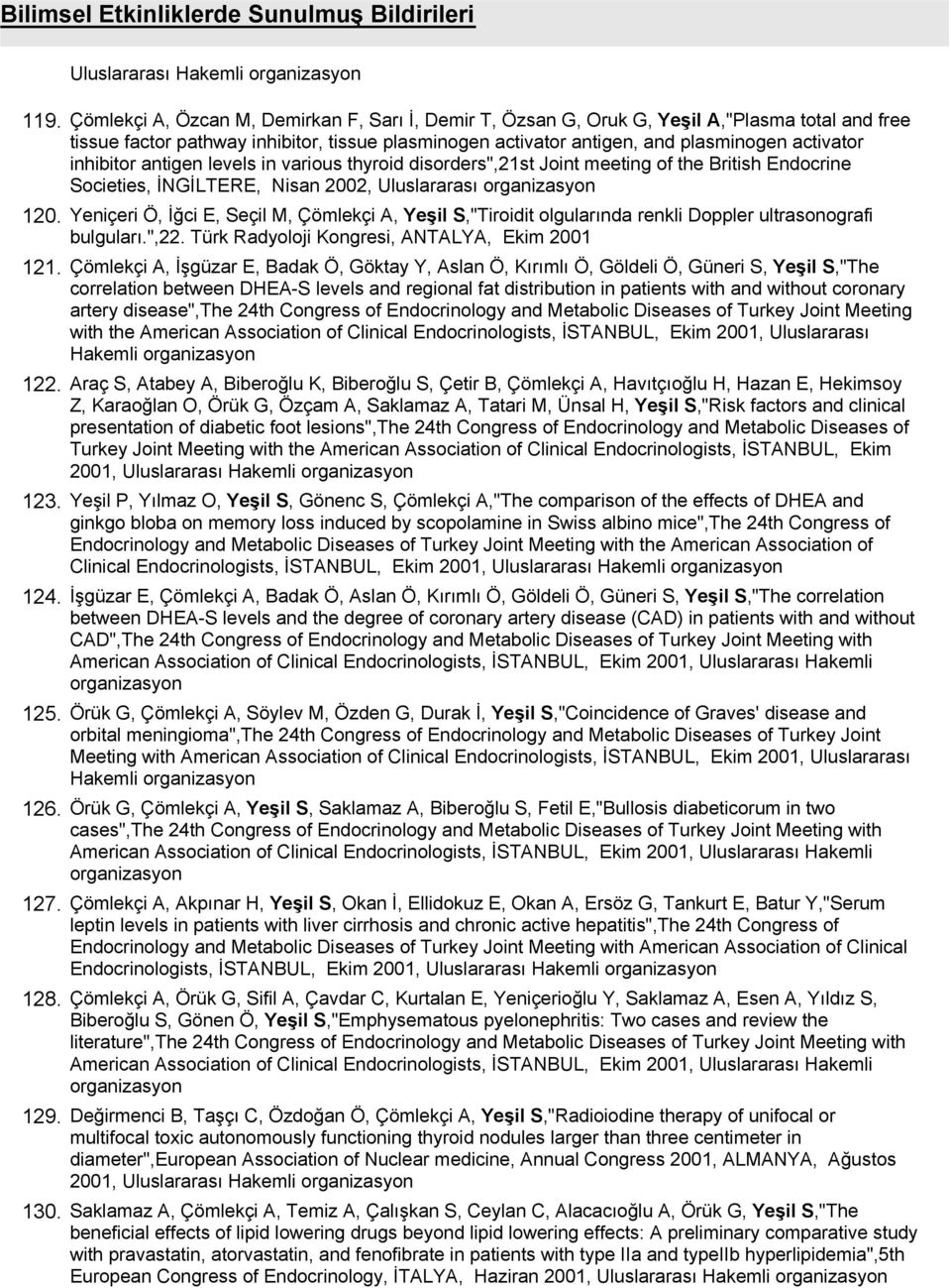 plasminogen activator inhibitor antigen levels in various thyroid disorders",21st Joint meeting of the British Endocrine Societies, İNGİLTERE, Nisan 2002, Uluslararası Yeniçeri Ö, İğci E, Seçil M,