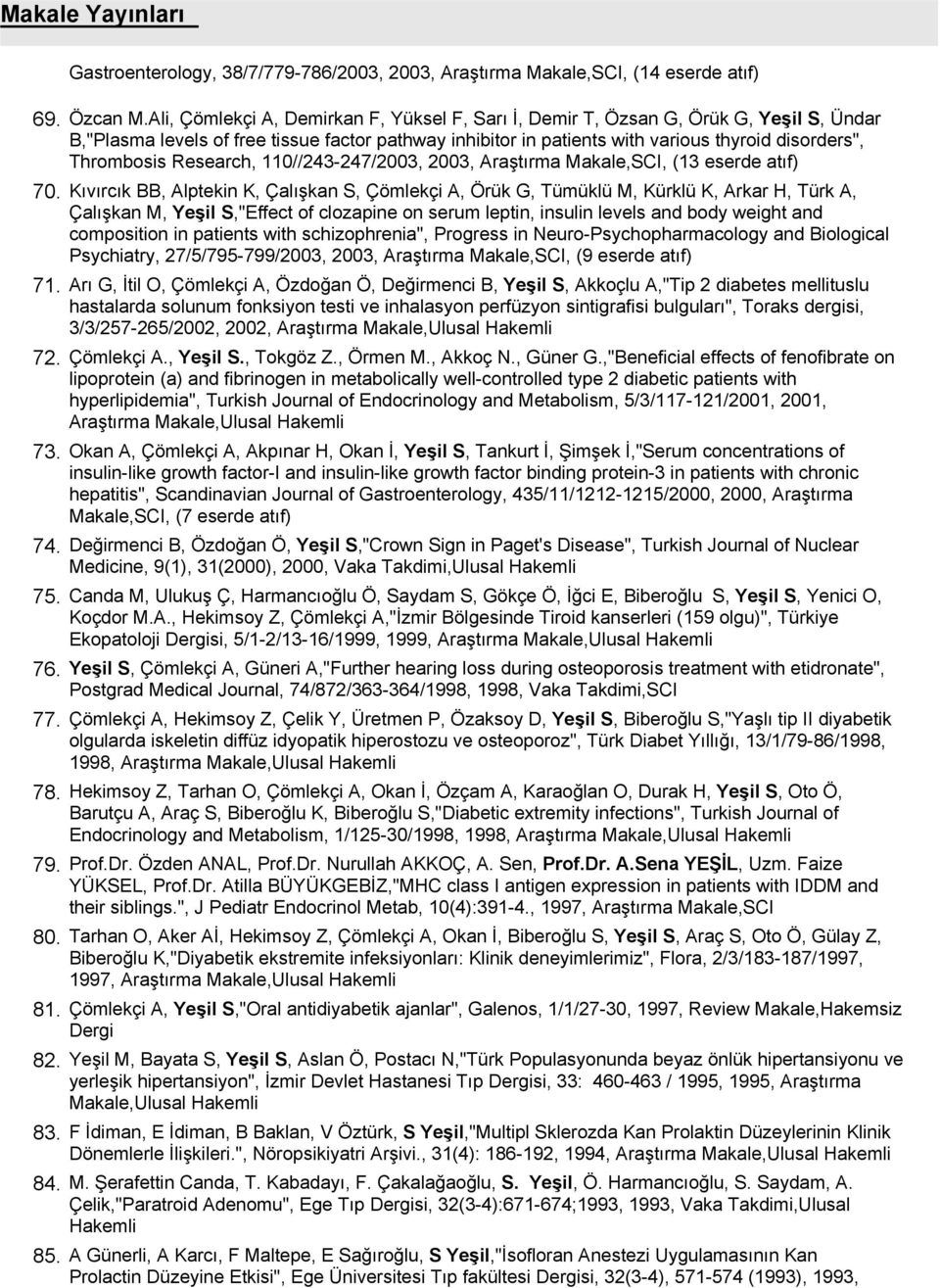 Thrombosis Research, 110//243-247/2003, 2003, Araştırma Makale,SCI, (13 eserde atıf) Kıvırcık BB, Alptekin K, Çalışkan S, Çömlekçi A, Örük G, Tümüklü M, Kürklü K, Arkar H, Türk A, Çalışkan M, Yeşil