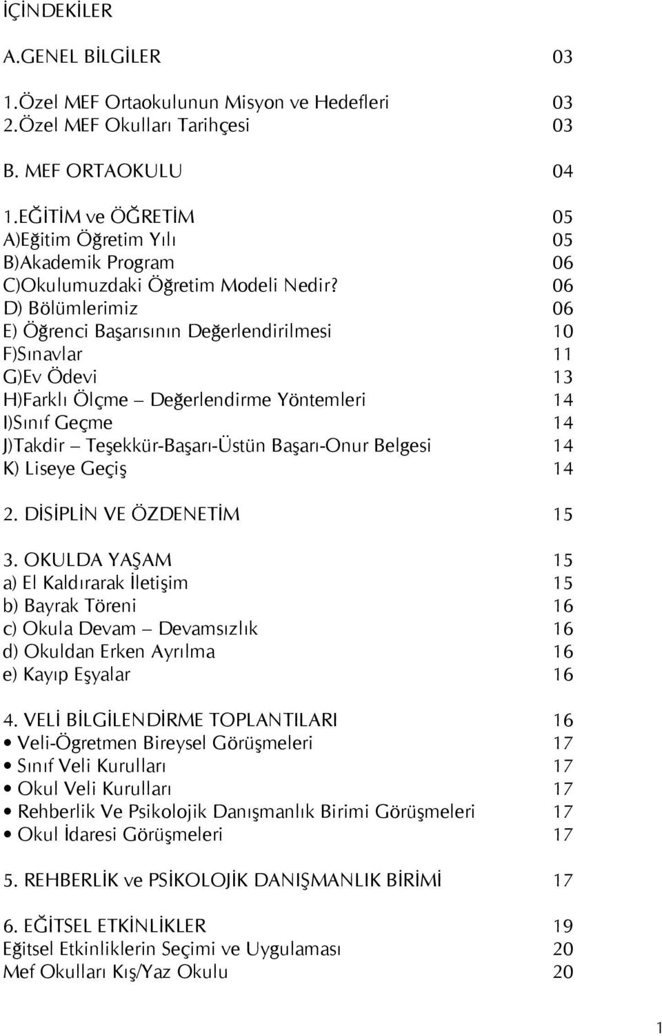 D) Bölümlerimiz E) Öğrenci Başarısının Değerlendirilmesi F)Sınavlar G)Ev Ödevi H)Farklı Ölçme Değerlendirme Yöntemleri I)Sınıf Geçme J)Takdir Teşekkür-Başarı-Üstün Başarı-Onur Belgesi K) Liseye Geçiş