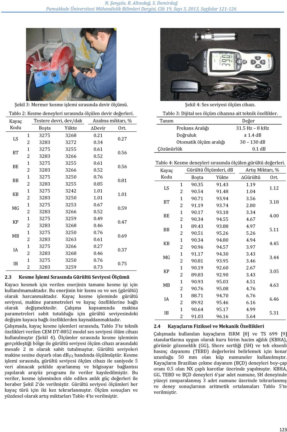 9 8 8.. 8.. 8 8.. 8 9.....8..9..9... Kesme İşlemi Sırasında Gürültü Seviyesi Ölçümü Kayacı kesmek için verilen enerjinin tamamı kesme işi için kullanılmamaktadır.