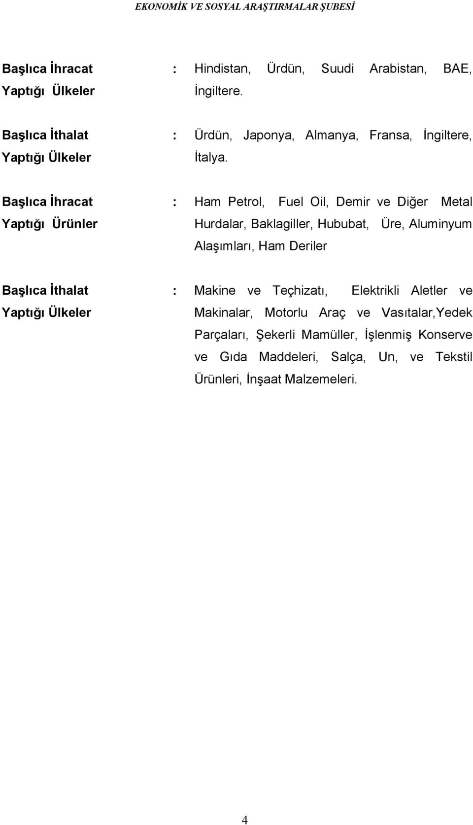 Başlõca İhracat Yaptõğõ Ürünler : Ham Petrol, Fuel Oil, Demir ve Diğer Metal Hurdalar, Baklagiller, Hububat, Üre, Aluminyum Alaşõmlarõ, Ham