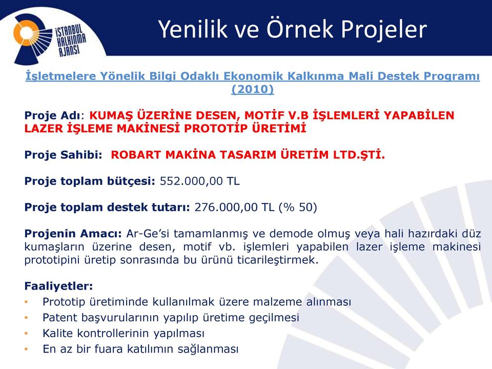 000,00 TL (% 50) Projenin Amacı: Ar-Ge si tamamlanmış ve demode olmuş veya hali hazırdaki düz kumaşların üzerine desen, motif vb.