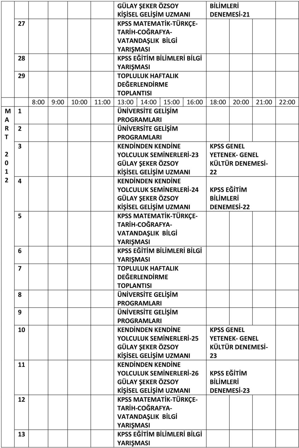 SEMİNERLERİ-4 5 KPSS MTEMTİK-TÜRKÇE- 6 BİLGİ 7 TOPLULUK HFTLIK 8 ÜNİVERSİTE GELİŞİM 9 ÜNİVERSİTE