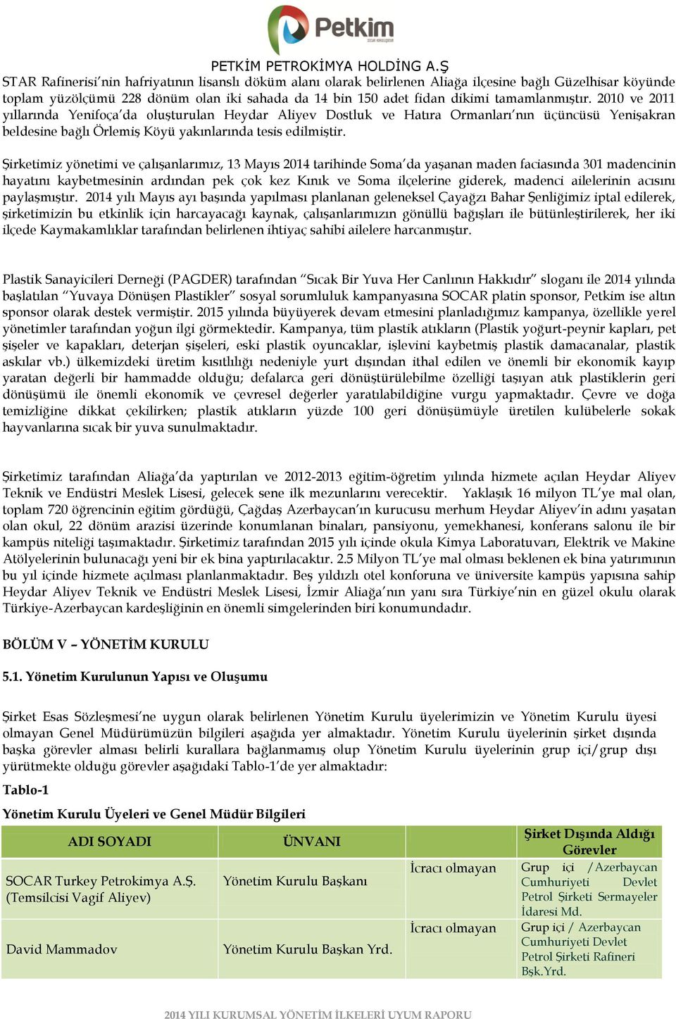 ġirketimiz yönetimi ve çalıģanlarımız, 13 Mayıs 2014 tarihinde Soma da yaģanan maden faciasında 301 madencinin hayatını kaybetmesinin ardından pek çok kez Kınık ve Soma ilçelerine giderek, madenci