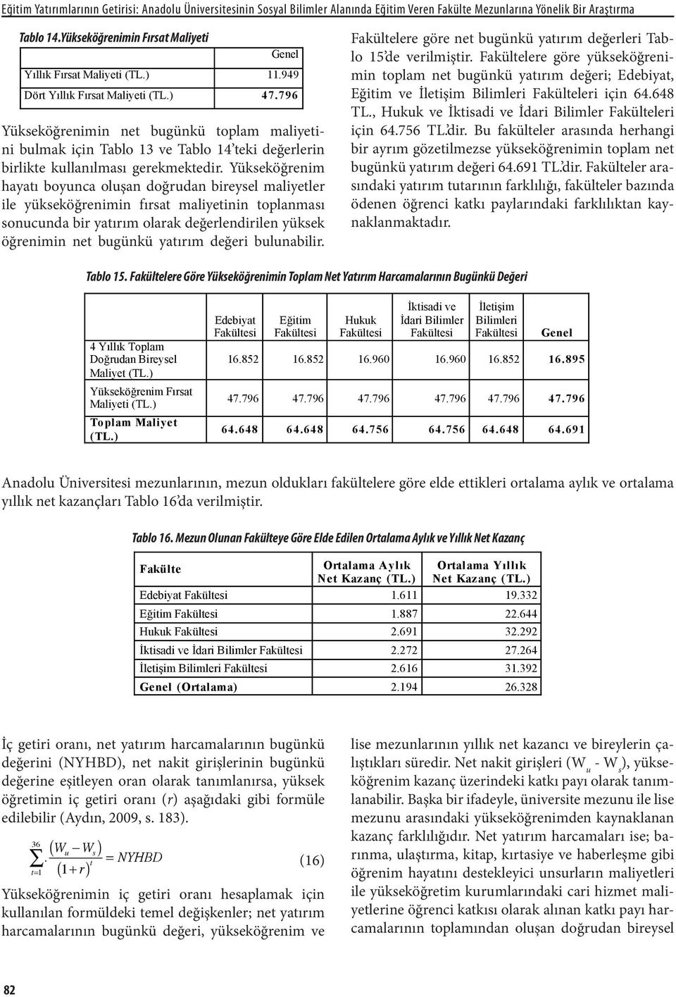 796 Yükseköğrenimin net bugünkü toplam maliyetini bulmak için Tablo 13 ve Tablo 14 teki değerlerin birlikte kullanılması gerekmektedir.