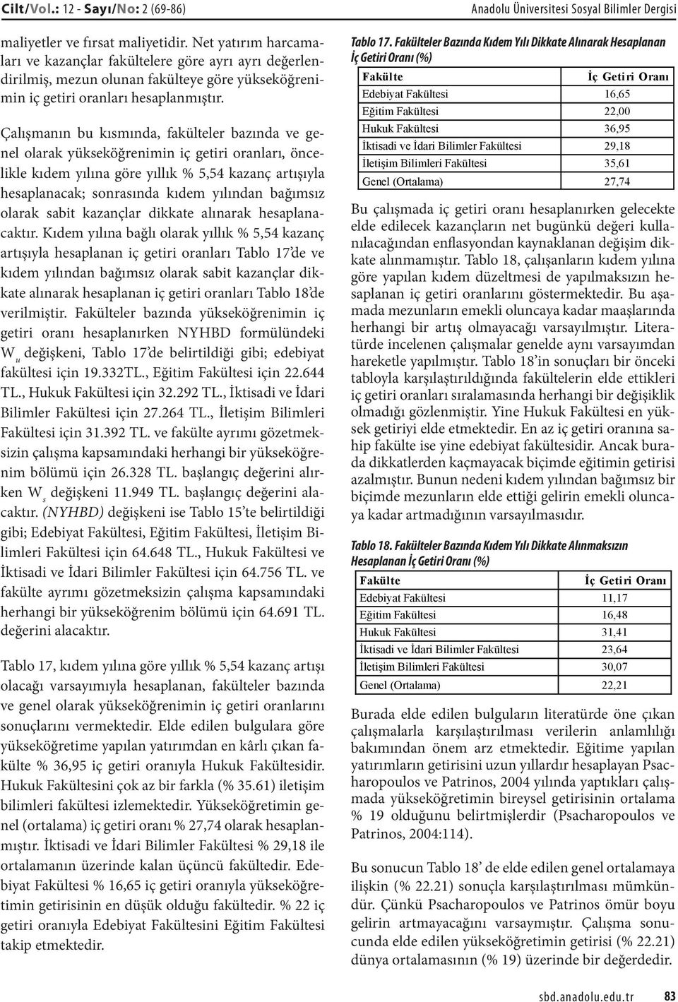 Çalışmanın bu kısmında, fakülteler bazında ve genel olarak yükseköğrenimin iç getiri oranları, öncelikle kıdem yılına göre yıllık % 5,54 kazanç artışıyla hesaplanacak; sonrasında kıdem yılından