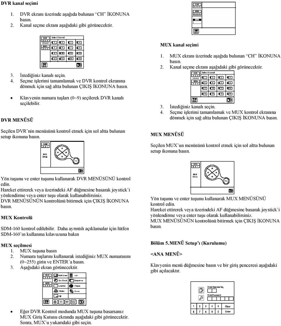 DVR MENÜSÜ Seçilen DVR nin menüsünü kontrol etmek için sol altta bulunan setup ikonuna basın. 1. MUX ekranı üzerinde aşağıda bulunan CH İKONUNA basın. 2.