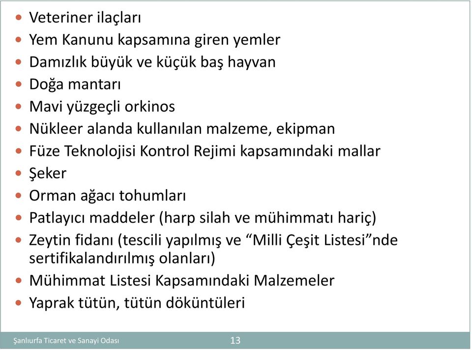 ağacı tohumları Patlayıcı maddeler (harp silah ve mühimmatı hariç) Zeytin fidanı (tescili yapılmış ve Milli Çeşit