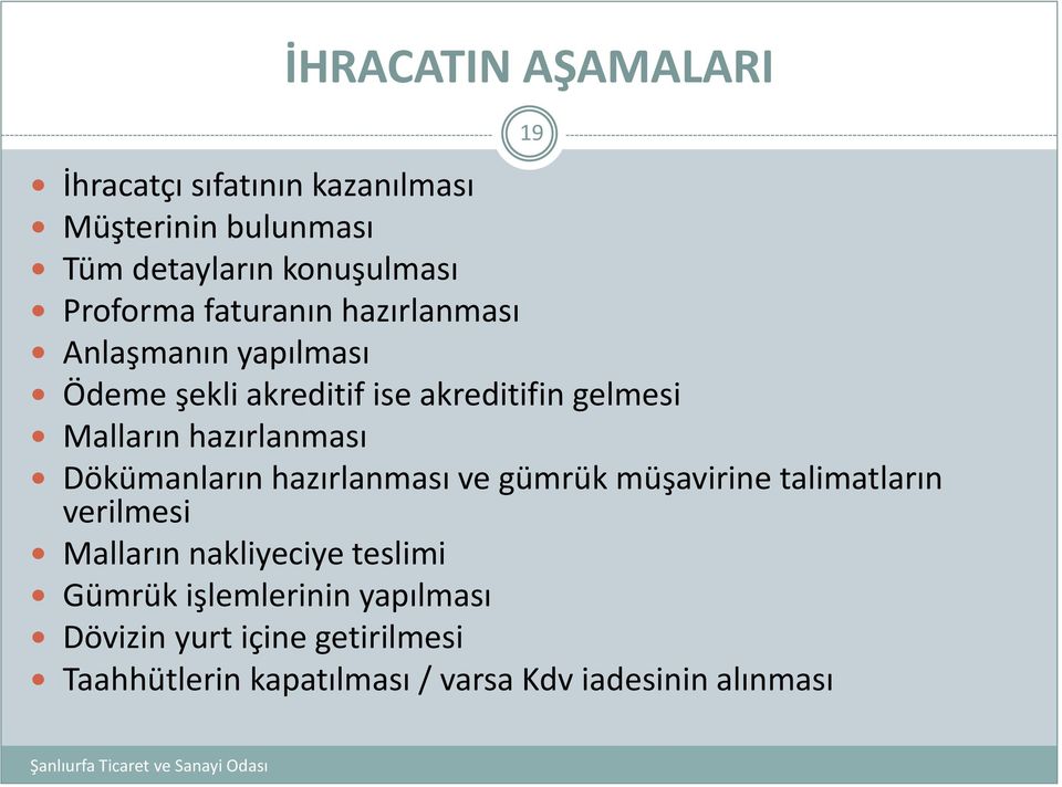 hazırlanması Dökümanların hazırlanması ve gümrük müşavirine talimatların verilmesi Malların nakliyeciye