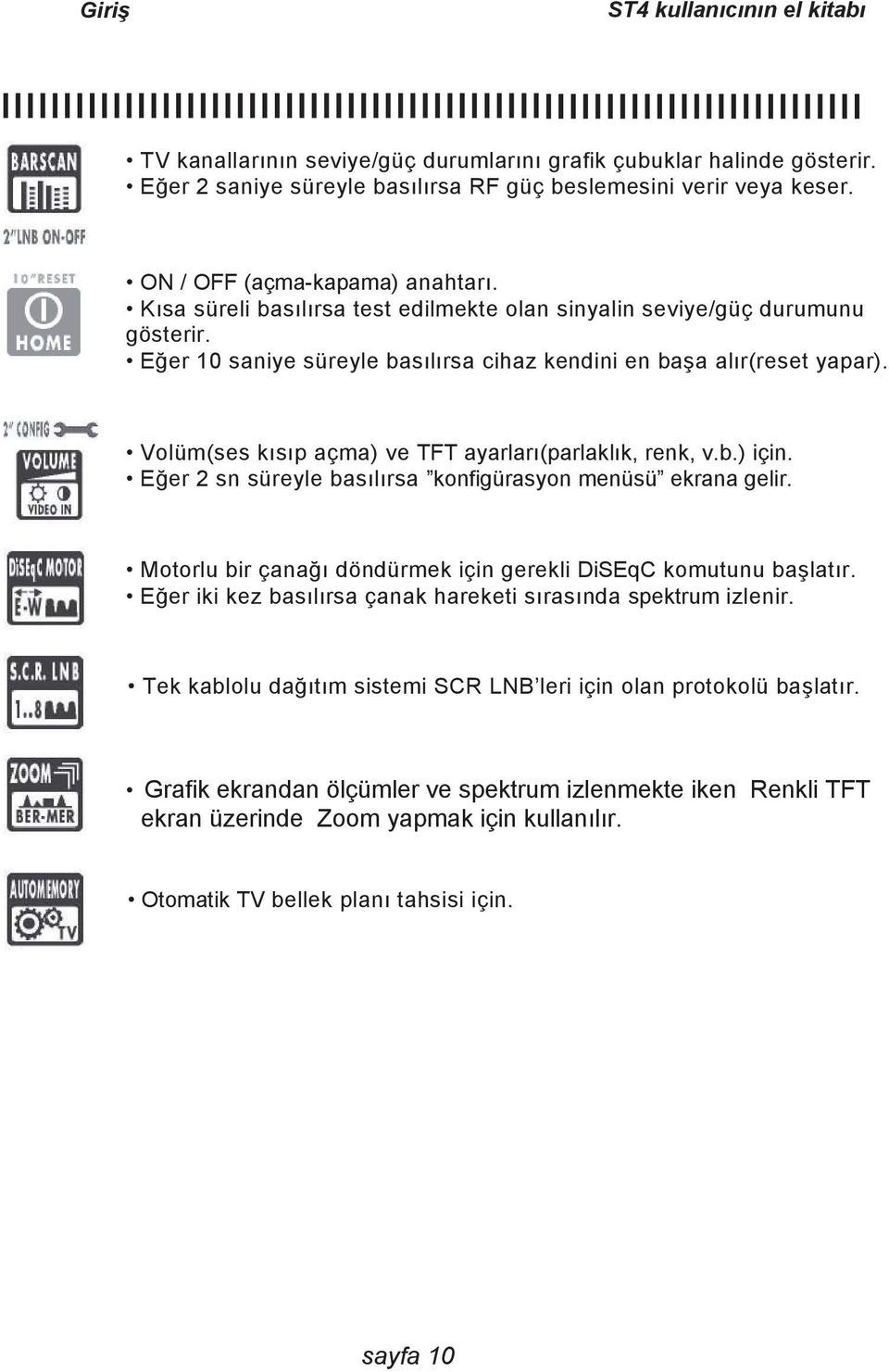 Volüm(ses kısıp açma) ve TFT ayarları(parlaklık, renk, v.b.) için. Eğer 2 sn süreyle basılırsa konfigürasyon menüsü ekrana gelir. Motorlu bir çanağı döndürmek için gerekli DiSEqC komutunu başlatır.