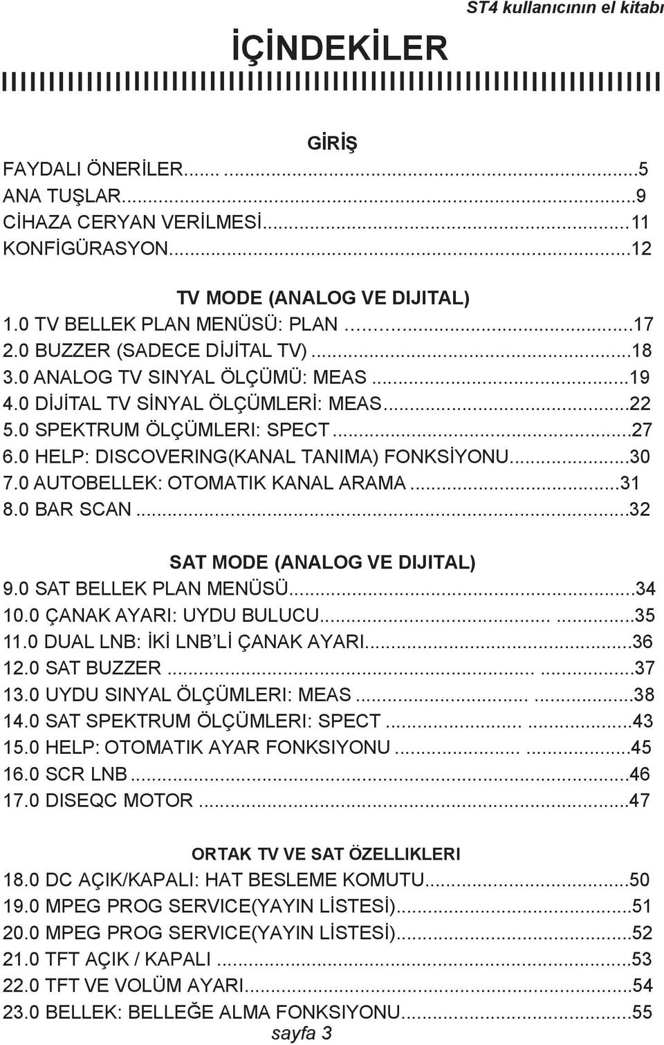 ..30 7.0 AUTOBELLEK: OTOMATIK KANAL ARAMA...31 8.0 BAR SCAN...32 SAT MODE (ANALOG VE DIJITAL) 9.0 SAT BELLEK PLAN MENÜSÜ...34 10.0 ÇANAK AYARI: UYDU BULUCU......35 11.