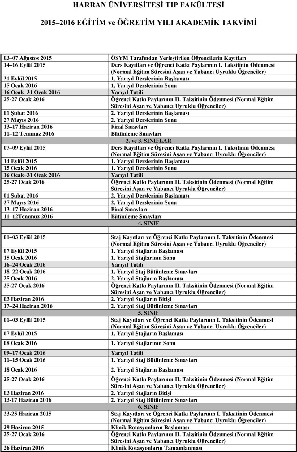 Yarıyıl Derslerinin Başlaması 27 Mayıs 2016 2. Yarıyıl Derslerinin Sonu 13 17 Haziran 2016 Final Sınavları 11 12 Temmuz 2016 Bütünleme Sınavları 2. ve 3.