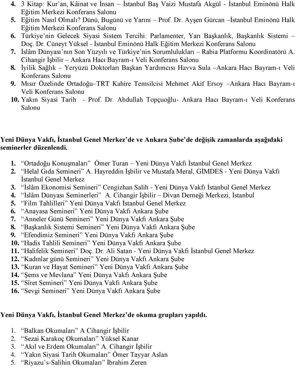 Cüneyt Yüksel - İstanbul Eminönü Halk Eğitim Merkezi Konferans Salonu 7. İslâm Dünyası nın Son Yüzyılı ve Türkiye nin Sorumlulukları Rabia Platformu Koordinatörü A.