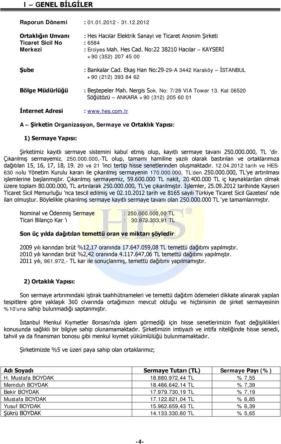 Kat 06520 Söğütözü ANKARA +90 (312) 205 60 01 İnternet Adresi : www.hes.com.