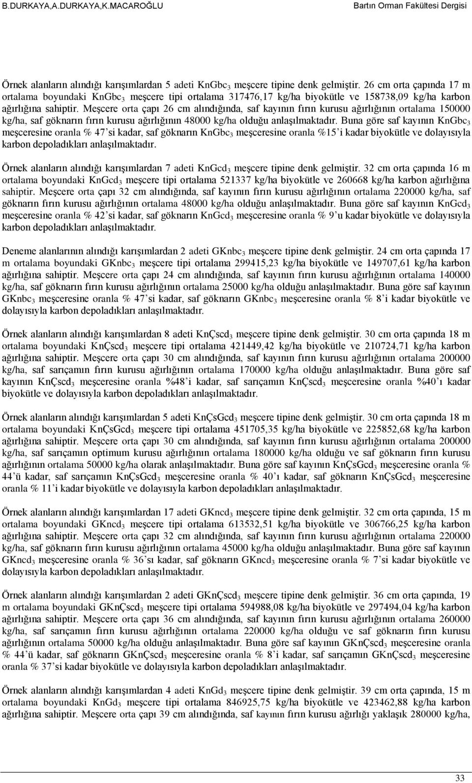 Meşcere orta çapı 26 cm alındığında, saf kayının fırın kurusu ağırlığının ortalama 150000 kg/ha, saf göknarın fırın kurusu ağırlığının 48000 kg/ha olduğu anlaşılmaktadır.