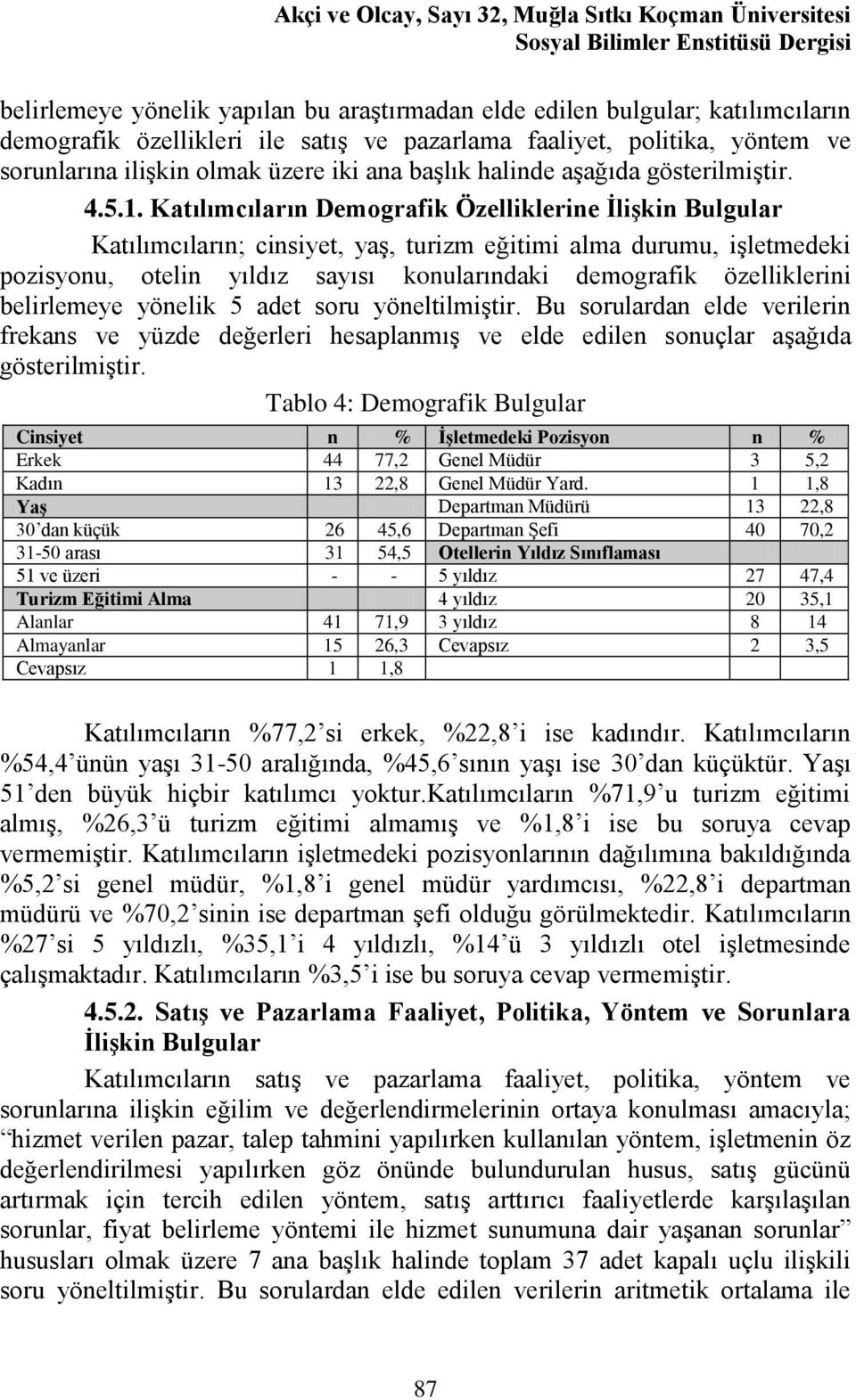 Katılımcıların Demografik Özelliklerine İlişkin Bulgular Katılımcıların; cinsiyet, yaş, turizm eğitimi alma durumu, işletmedeki pozisyonu, otelin yıldız sayısı konularındaki demografik özelliklerini