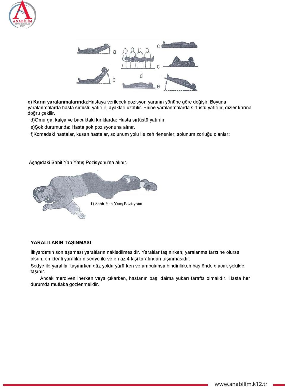 f)komadaki hastalar, kusan hastalar, solunum yolu ile zehirlenenler, solunum zorluğu olanlar: Aşağıdaki Sabit Yan Yatış Pozisyonu'na alınır.