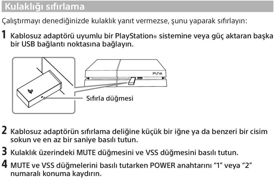 Sıfırla düğmesi 2 Kablosuz adaptörün sıfırlama deliğine küçük bir iğne ya da benzeri bir cisim sokun ve en az bir saniye