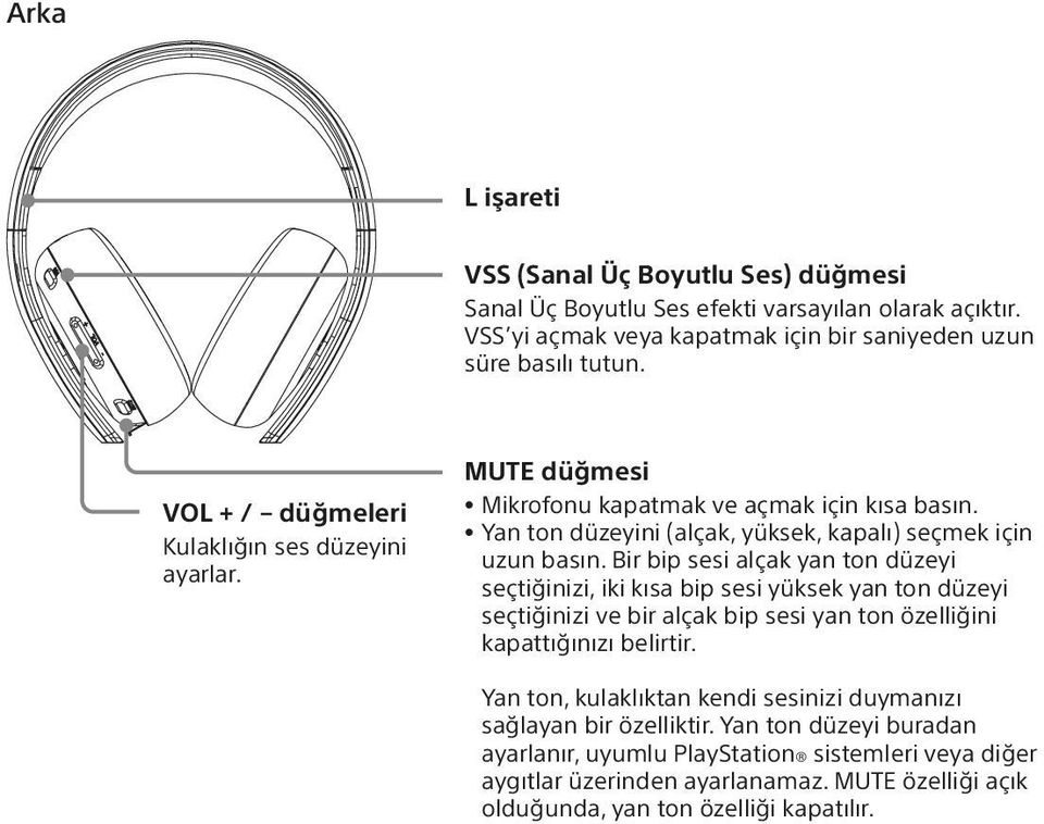 Bir bip sesi alçak yan ton düzeyi seçtiğinizi, iki kısa bip sesi yüksek yan ton düzeyi seçtiğinizi ve bir alçak bip sesi yan ton özelliğini kapattığınızı belirtir.