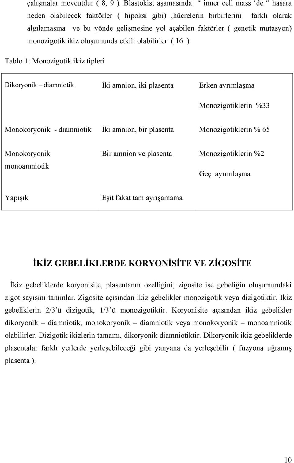 mutasyon) monozigotik ikiz oluşumunda etkili olabilirler ( 16 ) Tablo 1: Monozigotik ikiz tipleri Dikoryonik diamniotik İki amnion, iki plasenta Erken ayrımlaşma Monozigotiklerin %33 Monokoryonik -