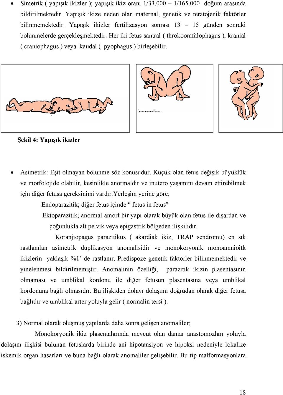 Her iki fetus santral ( throkoomfalophagus ), kranial ( craniophagus ) veya kaudal ( pyophagus ) birleşebilir. Şekil 4: Yapışık ikizler Asimetrik: Eşit olmayan bölünme söz konusudur.