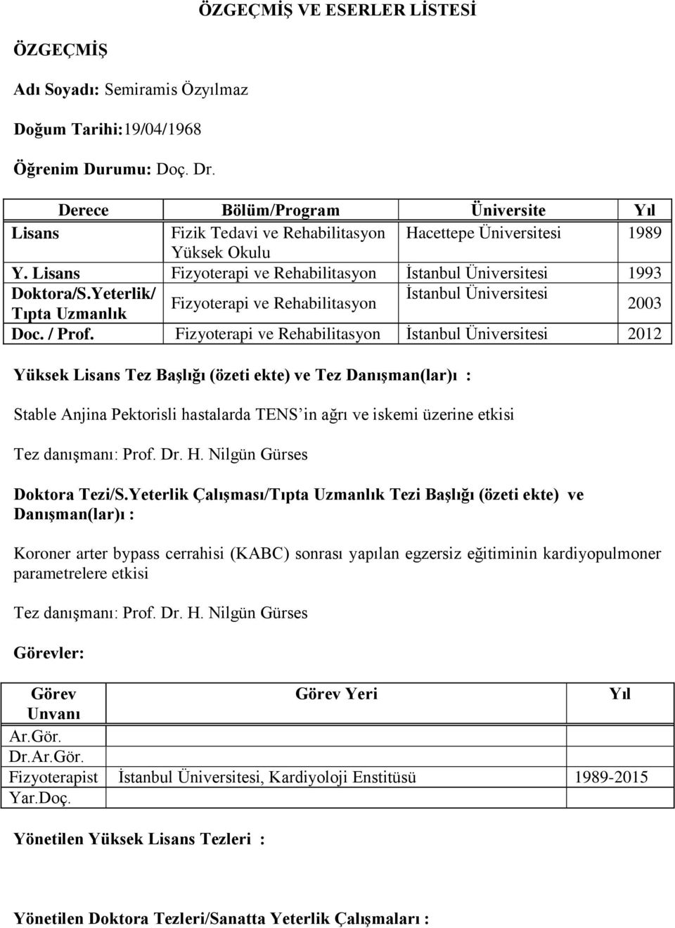 Yeterlik/ İstanbul Üniversitesi Fizyoterapi ve Rehabilitasyon Tıpta Uzmanlık 2003 Doc. / Prof.