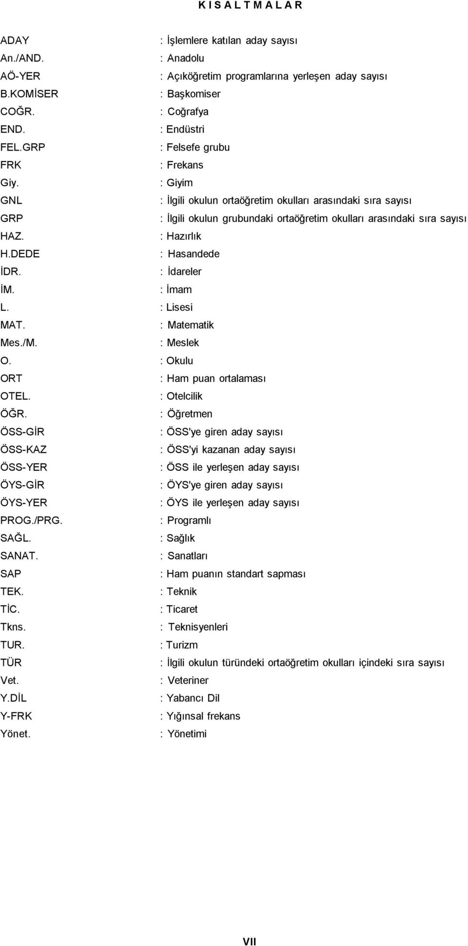 : Hazırlık H.DEDE : Hasandede İDR. : İdareler İM. : İmam L. : Lisesi MAT. : Matematik Mes./M. : Meslek O. : Okulu ORT : Ham puan ortalaması OTEL. : Otelcilik ÖĞR.