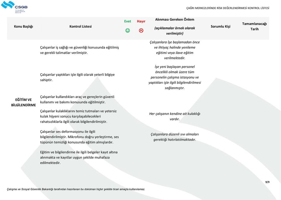 İşe yeni başlayan personel öncelikli olmak üzere tüm personelin çalışma istasyonu ve yaptıkları işle ilgili bilgilendirilmesi sağlanmıştır.