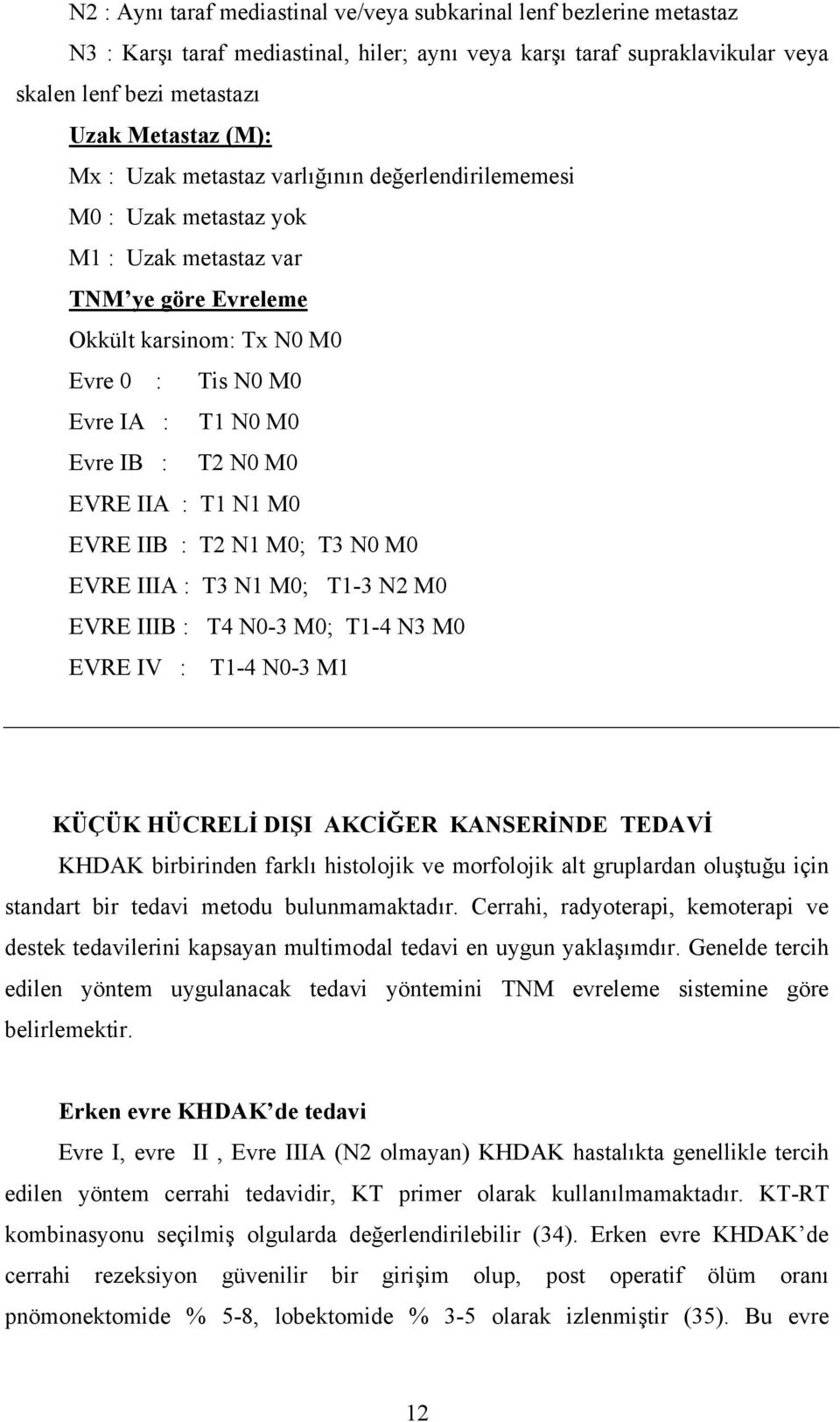 EVRE IIA : T1 N1 M0 EVRE IIB : T2 N1 M0; T3 N0 M0 EVRE IIIA : T3 N1 M0; T1-3 N2 M0 EVRE IIIB : T4 N0-3 M0; T1-4 N3 M0 EVRE IV : T1-4 N0-3 M1 KÜÇÜK HÜCRELİ DIŞI AKCİĞER KANSERİNDE TEDAVİ KHDAK